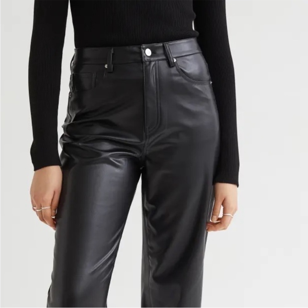 NWT H&M Pant Trouser Faux Leather Black Straight Leg Wide Winter Sweater Knit 14 - Picture 2 of 13